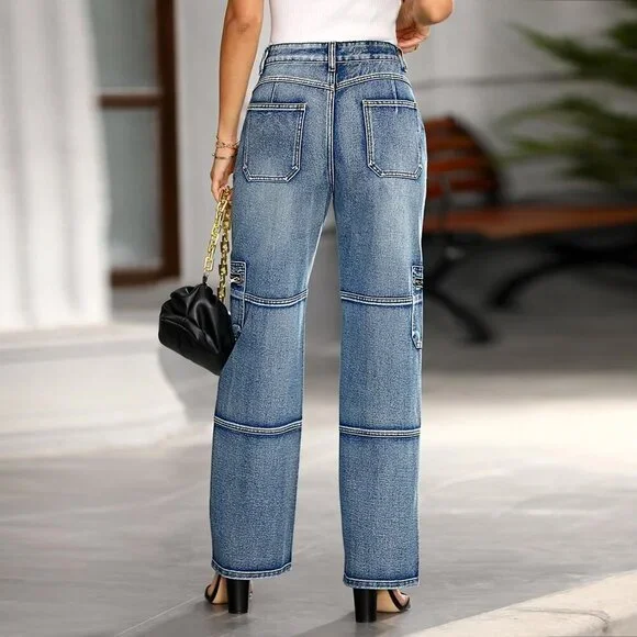 Womens Cargo Jeans High Waisted Wide Leg Cotton Blend Zipper Pockets Trendy - Picture 3 of 6